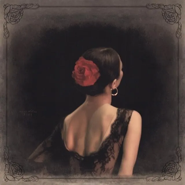 Portrait de dos, une rose dans les cheveux, tirage encadré ancien.