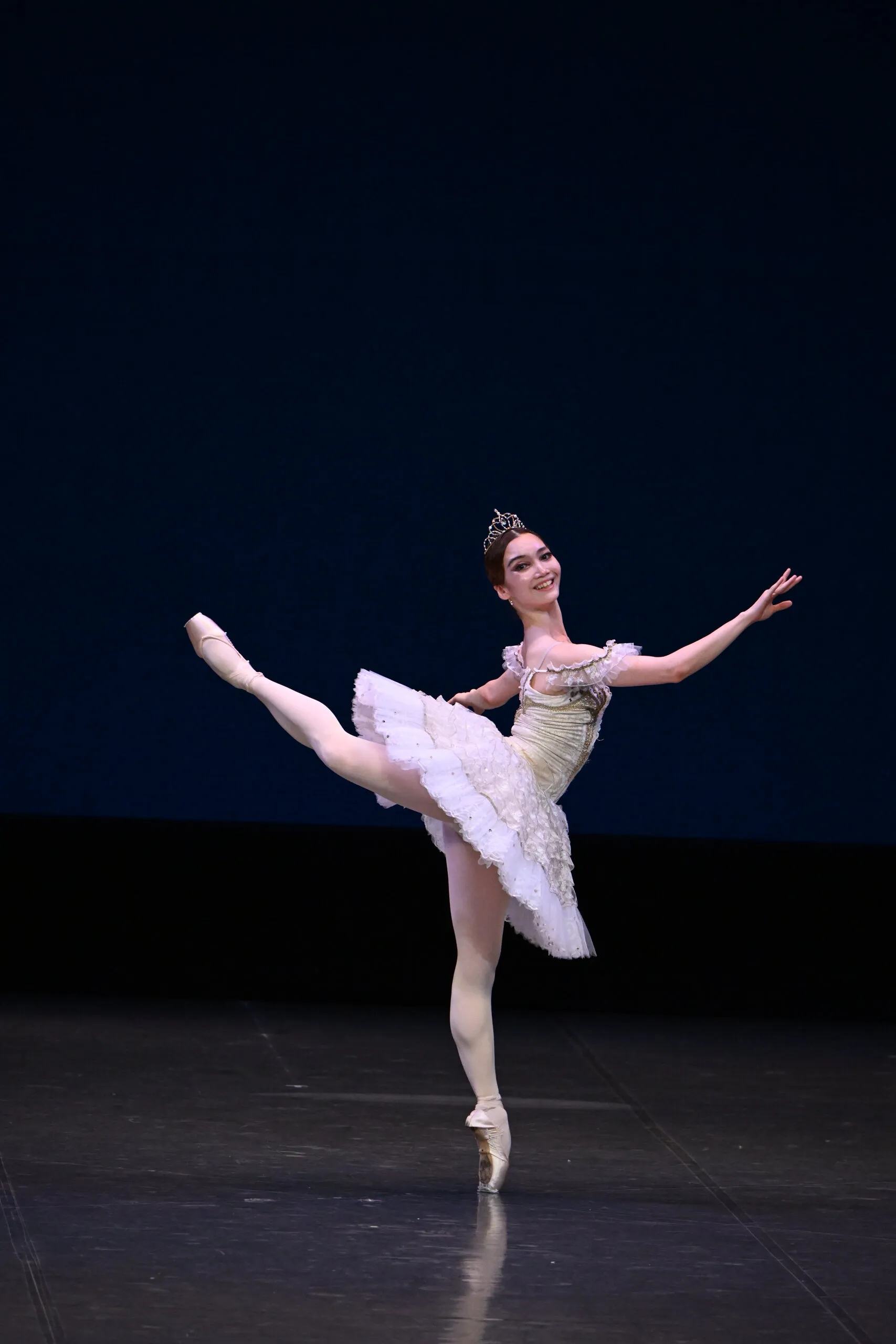 Une danseuse en tutu blanc, en arabesque, sur fond bleu nuit.